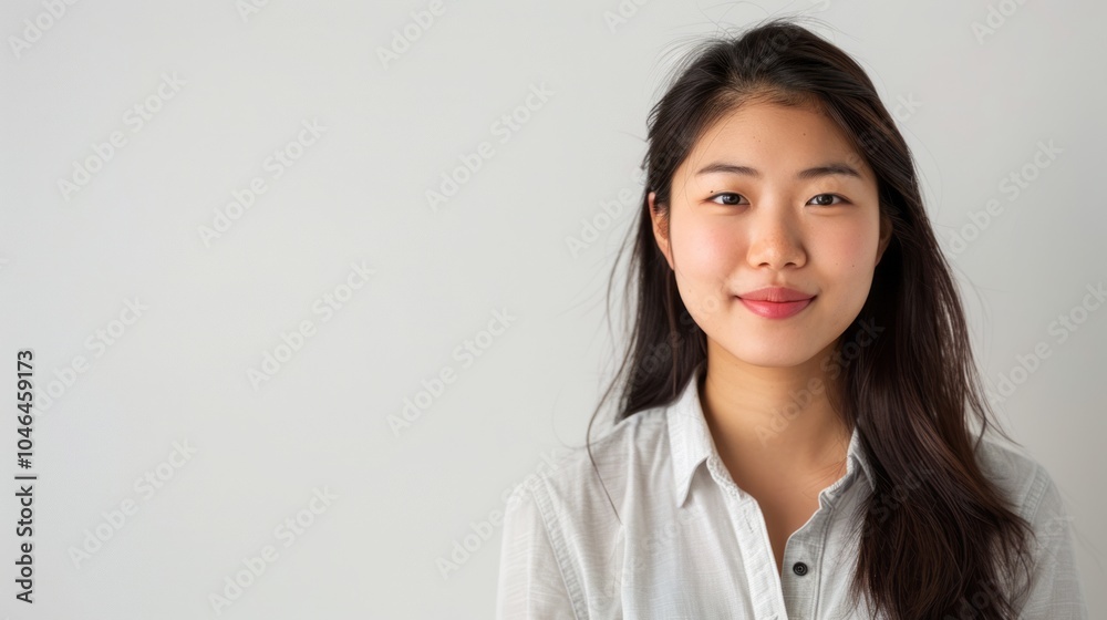 Asian girl standing against a plain white background, smiling softly. Asian girl standing against a plain white background, smiling softly.