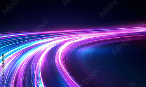 Neon futuristic flashes on black background. Motion light lines backdrop. For banner, postcard, illustration. Blur neon light. Lens flare overlay. Bokeh fluorescent flash gleam.
