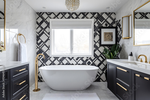 Luxurious art deco inspired bathroom, gold fixtures, black and white marble, geometric patterns, and a freestanding tub photo