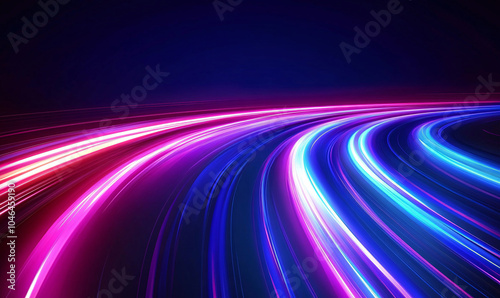 Neon futuristic flashes on black background. Motion light lines backdrop. For banner, postcard, illustration. Blur neon light. Lens flare overlay. Bokeh fluorescent flash gleam.
