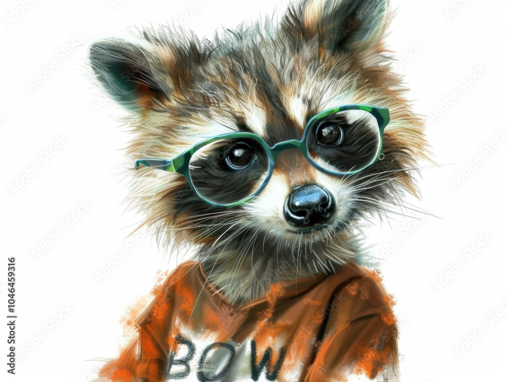 Obraz premium A raccoon wearing glasses looks at the camera. AI.