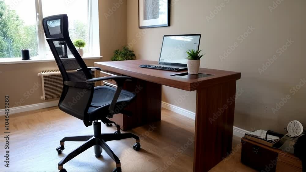 A modern home office setup featuring a desk, ergonomic chair, and plants, highlighting a focus on productivity and comfort. A modern home office setup featuring a desk, ergonomic chair, and plants, highlighting a focus on productivity and comfort.