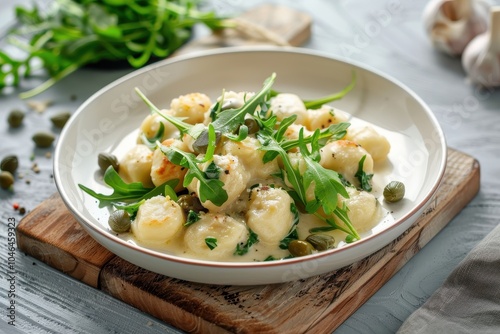 Homemade gnocchi with creamy gorgonzola sauce capers and arugula on a white plate on a wooden board