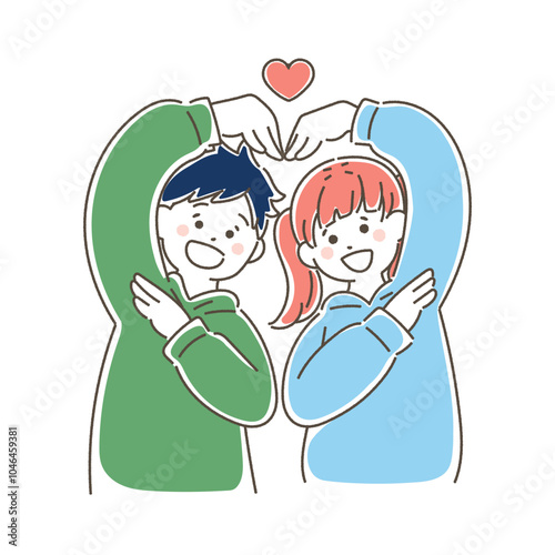 上半身でハートをつくる仲良しペア[男女]のゆるいイラスト
