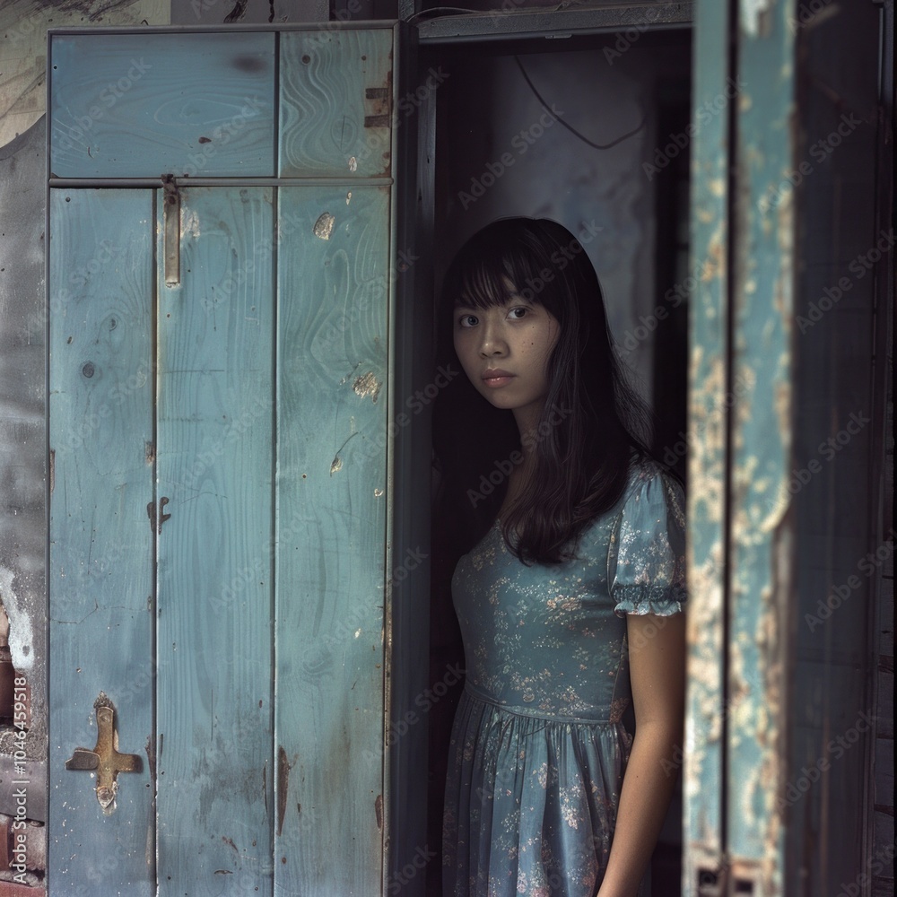 Fototapeta premium Young Woman in Vintage Dress Standing in Rustic Doorway of an Old Building