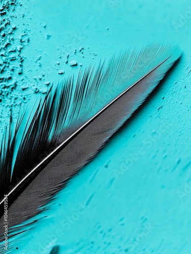 Black feather on teal surface with water droplets in close-up view