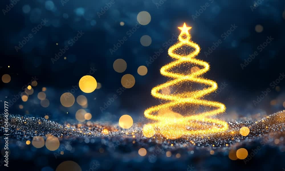 An abstract Christmas tree made entirely of glowing light trails, twinkling stars, and soft golden sparkles, set against a deep midnight blue background.