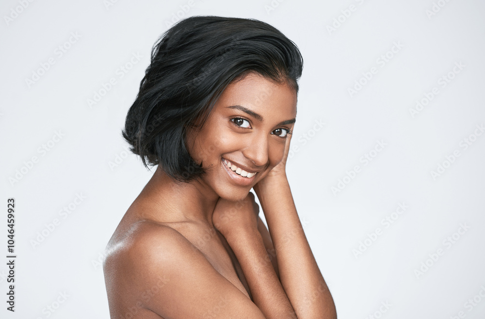 Obraz premium Portrait, woman and skincare for salon mockup, body care and beauty in studio on white background space. Model, confidence and natural glow for aesthetic, wellness or healthy shine and dermatology