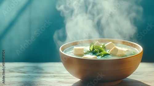 A warm bowl of miso soup with creamy miso base, soft tofu cubes, and floating pieces of green seaweed. The soup emits steam, and the colors create a harmonious, inviting appearance. photo