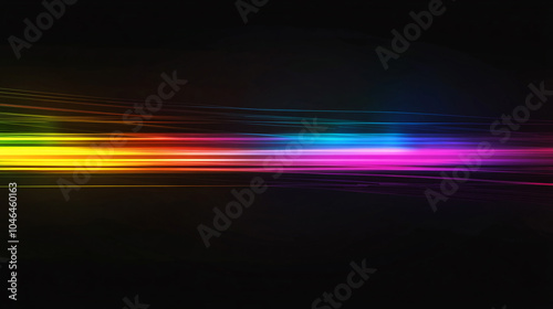 Neon futuristic flashes on black background. Motion light lines backdrop. For banner  postcard  illustration. Blur neon light. Lens flare overlay. Bokeh fluorescent flash gleam. 