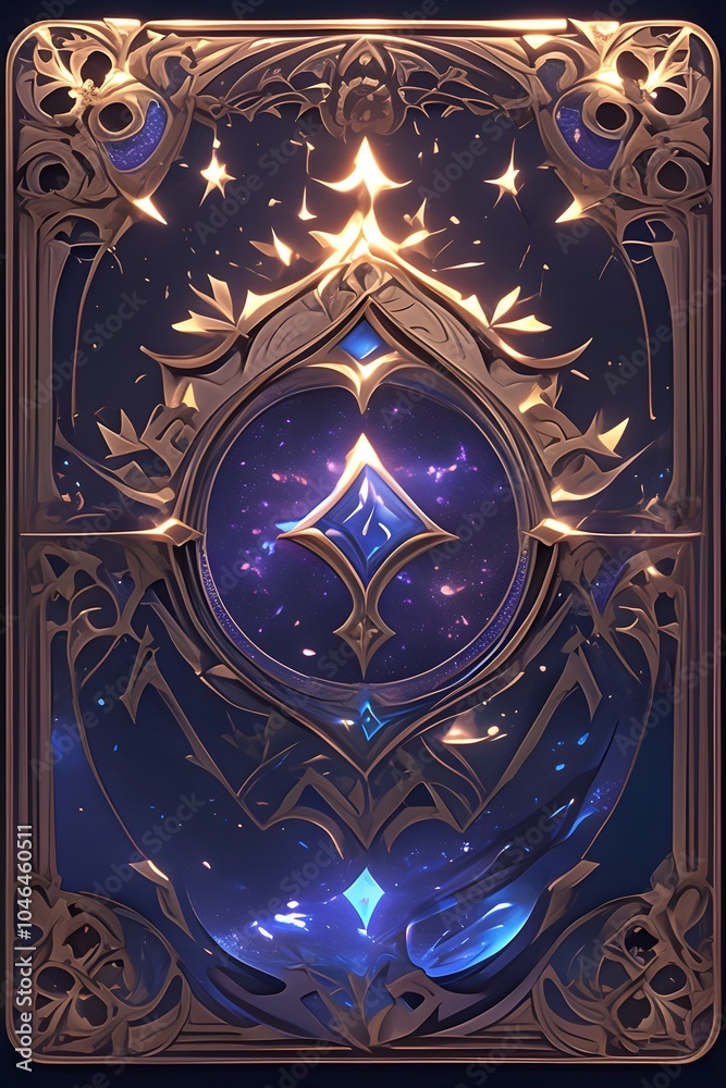 Fototapeta premium The backside of a card game features a dark, simple design in a fantasy video game style, adorned with symbols in each corner