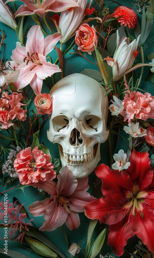 Fotografie A human skull surrounded by flowers. AI.