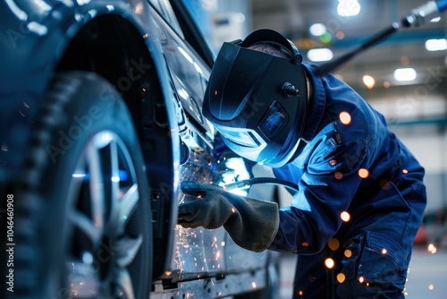 Industrial welding worker in helmet repairing car detail in blue sparklers auto service photo