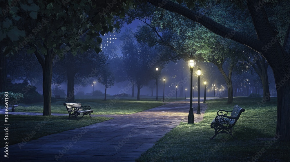 Serene Night in a Park with Lampposts and Benches Serene Night in a Park with Lampposts and Benches