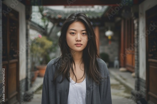 Portrait of a Young Woman in Traditional Asian Courtyard