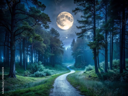 Enchanted Moonlit Pathway in a Dark Forest, Serene Night Landscape, Mystical Nature Scene, Tranquil Wilderness, Ethereal Lighting, Atmospheric Forest, Calm Night Journey