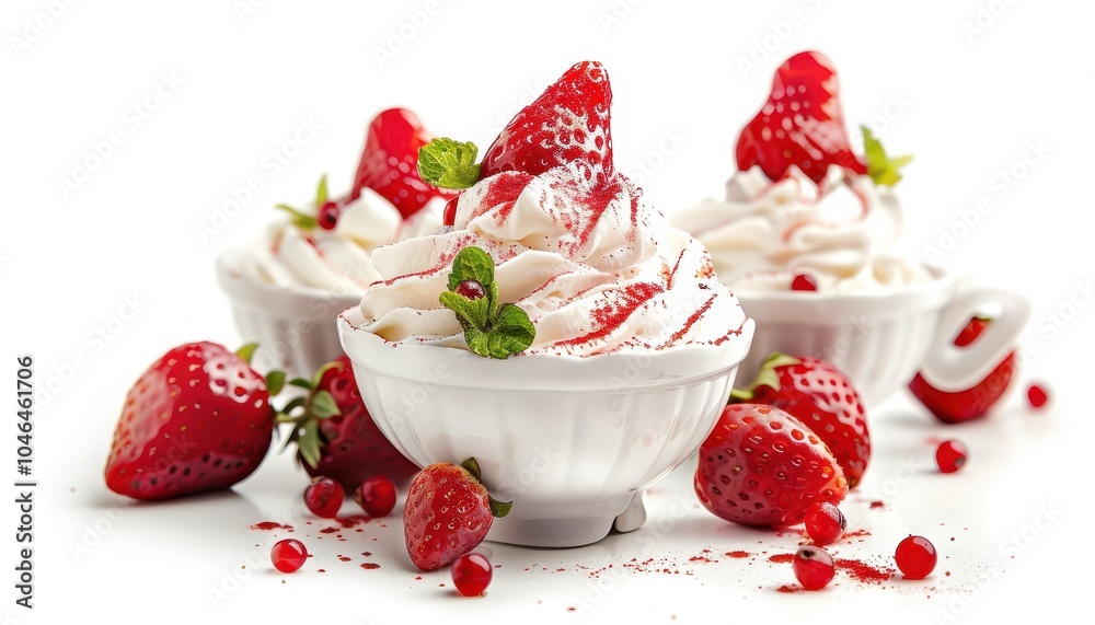 Isolated strawberry dessert with whipped cream on white