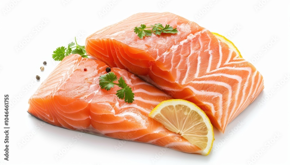 Isolated white background with fresh raw salmon fillets Isolated white background with fresh raw salmon fillets