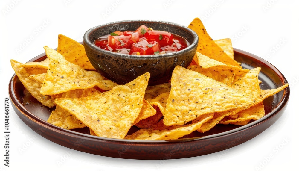 Isolated white background with nacho chips and sauce