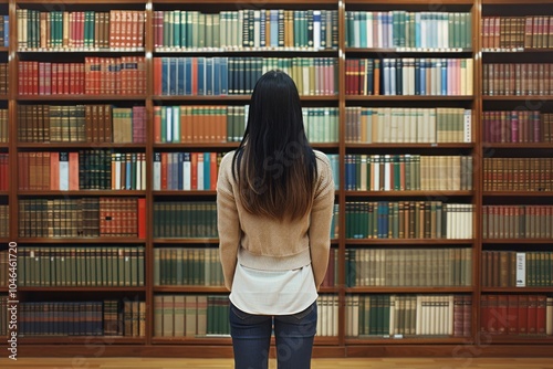 Woman Standing in Front of a Large Bookshelf in a Library