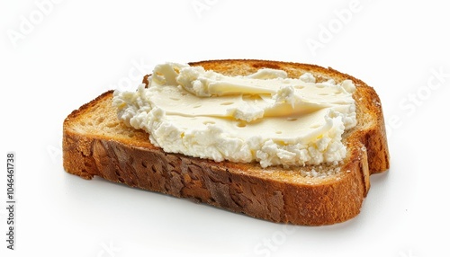 Isolated white background with cream cheese spread on a slice of bread melted cheese on toast