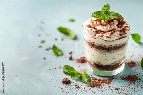 Italian dessert with mascarpone cream mint leaves and cocoa powder on blue background with text space photo