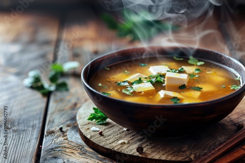 Japanese miso soup with tofu on wooden background copy space Fresh and steaming