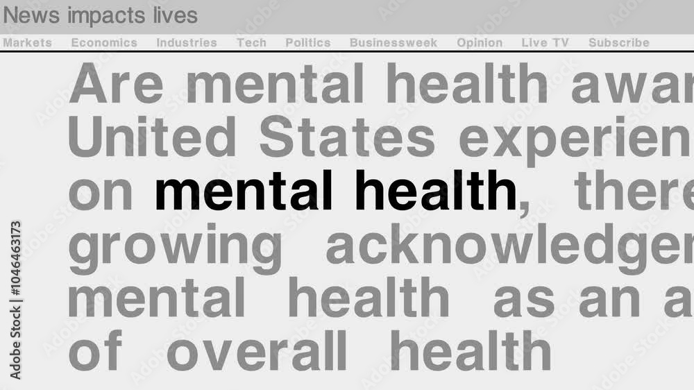 Mental Health awareness drives attention to the rising need for open conversations + education, dynamic headlines glitch transitions - Seamless looped animation with abstract internet news titles
