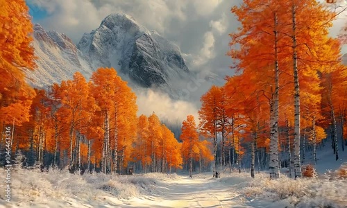 A serene autumn landscape with vibrant orange trees and a snow-covered path leading to mountains.