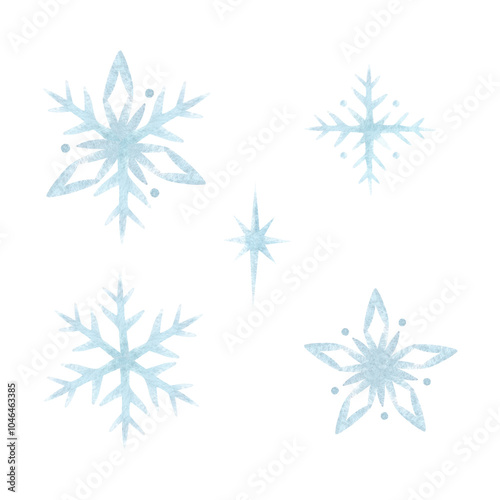 Snowflakes watercolor isolated illustration set on white in light blue color. Hand drawn tradition symbol of winter and cold weather for Christmas and Happy New Year greeting cards, festive packaging.