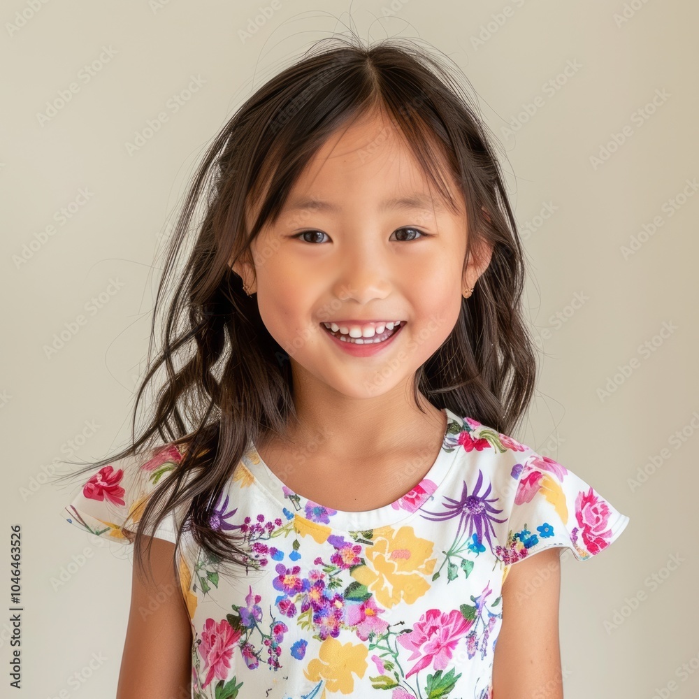 Asian girl wearing a floral dress, smiling against a light cream background. Asian girl wearing a floral dress, smiling against a light cream background.