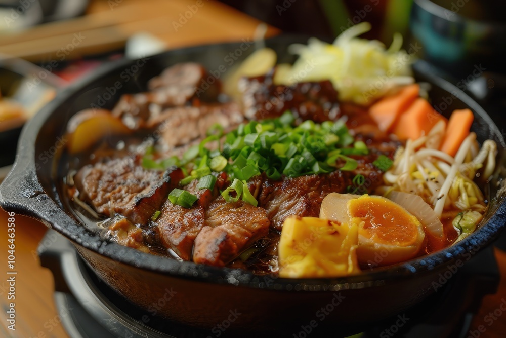 Japanese sukiyaki cooked in an old style iron pot Japanese sukiyaki cooked in an old style iron pot