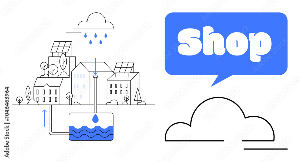 Simple cityscape with solar panels and rainwater harvesting tank. Large speech bubble shows the word Shop. Ideal for sustainable living, environmental awareness, renewable energy, water conservation Simple cityscape with solar panels and rainwater harvesting tank. Large speech bubble shows the word Shop. Ideal for sustainable living, environmental awareness, renewable energy, water conservation