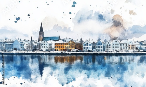 Watercolor Reykjavik, capital city of Iceland, at winter