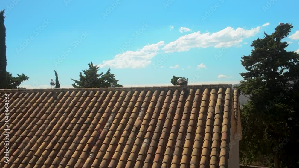 Traditional terracotta roof tiles in Gibralfaro, Málaga, set against a vibrant blue sky with scattered clouds and surrounding greenery Traditional terracotta roof tiles in Gibralfaro, Málaga, set against a vibrant blue sky with scattered clouds and surrounding greenery