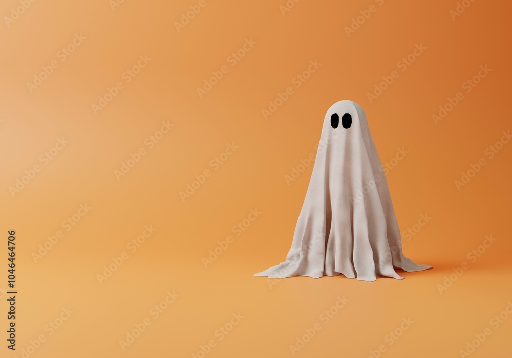 3D ghost on orange background. Halloween display showcase, product promotion. Abstract spooky 3D render illustration. 3D ghost on orange background. Halloween display showcase, product promotion. Abstract spooky 3D render illustration.