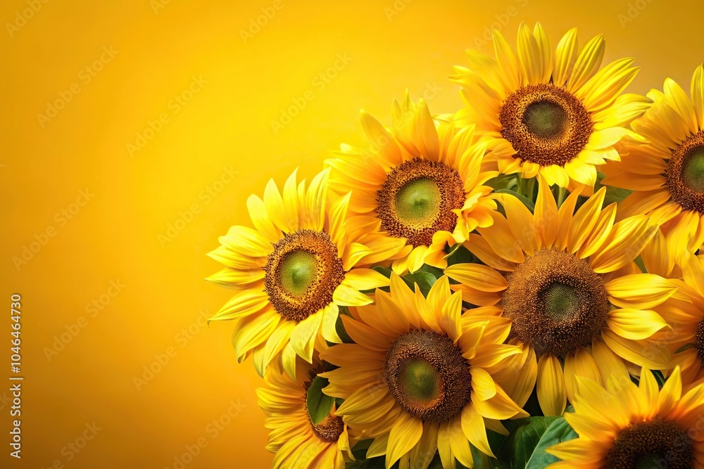Obraz premium Close-up shot of a large bunch of sunflowers against a yellow background, yellow background, happy flowers, yellow petals