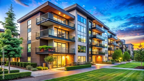 Exterior View of Modern Luxury Apartment Building with Elegant Design and Bokeh Effect for High-End Rental Units in Urban Setting