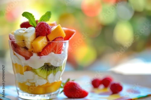 Lunch with fruit yogurt and salad on table photo