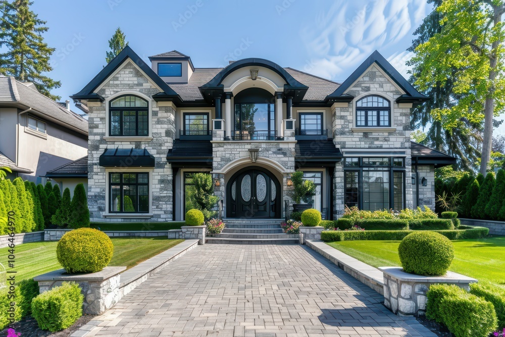 Luxurious custom house with beautifully landscaped front yard in Canadian neighborhood Luxurious custom house with beautifully landscaped front yard in Canadian neighborhood