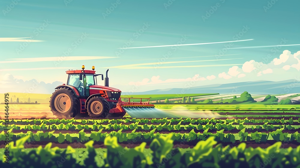 Tractor spraying in the field. Agricultural landscape Tractor spraying in the field. Agricultural landscape