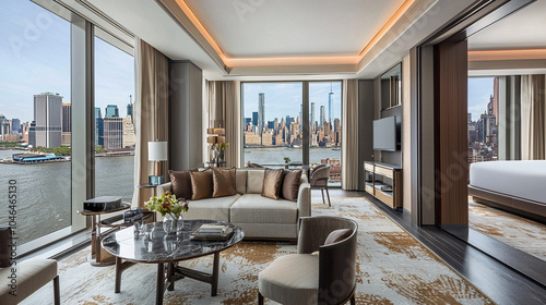 A luxury hotel suite with an open-concept design