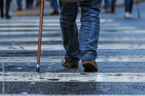 Man using cane crossing street for safety photo