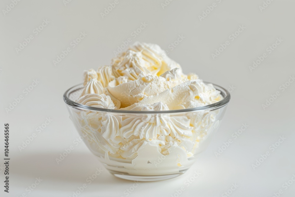 Mascarpone cheese in glass bowl on white surface Mascarpone cheese in glass bowl on white surface
