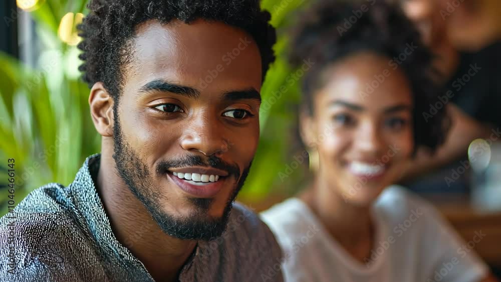 Close-up of two smiling immigrants having a friendly conversation in a language school room. Their facial expressions reflect warmth, connection and positive communication in a welcoming environment Close-up of two smiling immigrants having a friendly conversation in a language school room. Their facial expressions reflect warmth, connection and positive communication in a welcoming environment