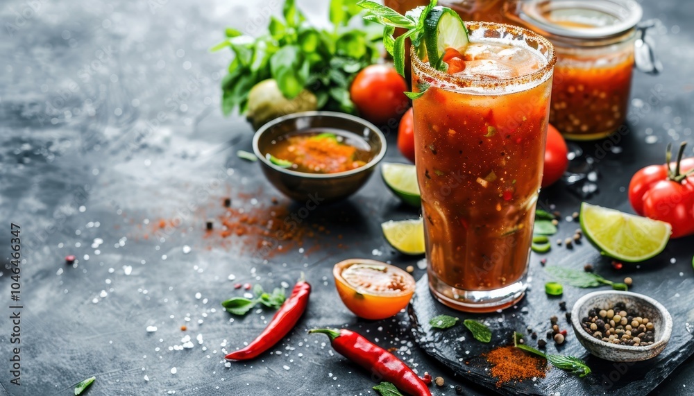 Mexican inspired cocktail with beer lime juice tomato juice spicy sauce and spices Mexican inspired cocktail with beer lime juice tomato juice spicy sauce and spices