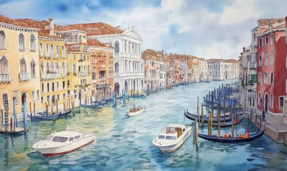 Fototapeta premium Watercolor Beautiful view of the Grand Canal with boats and colorful facades of old medieval houses from the Rialto Bridge in Venice, Italy. Venice is a popular