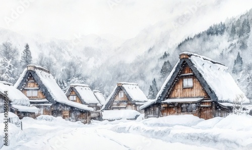 Watercolor Traditional wooden houses of Shirakawa-go in winter, Japan