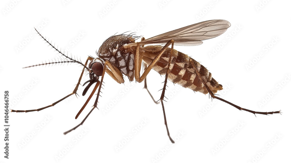 Close-up of a mosquito specimen showcasing intricate body details against a transparent background in a laboratory setting. Close-up of a mosquito specimen showcasing intricate body details against a transparent background in a laboratory setting.