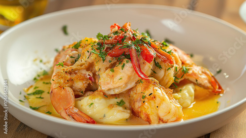 Photo of Goderich's Shrimp and O assault on potato piero in white bowl, golden sauce with red pepper shrimps, on wooden table background photo